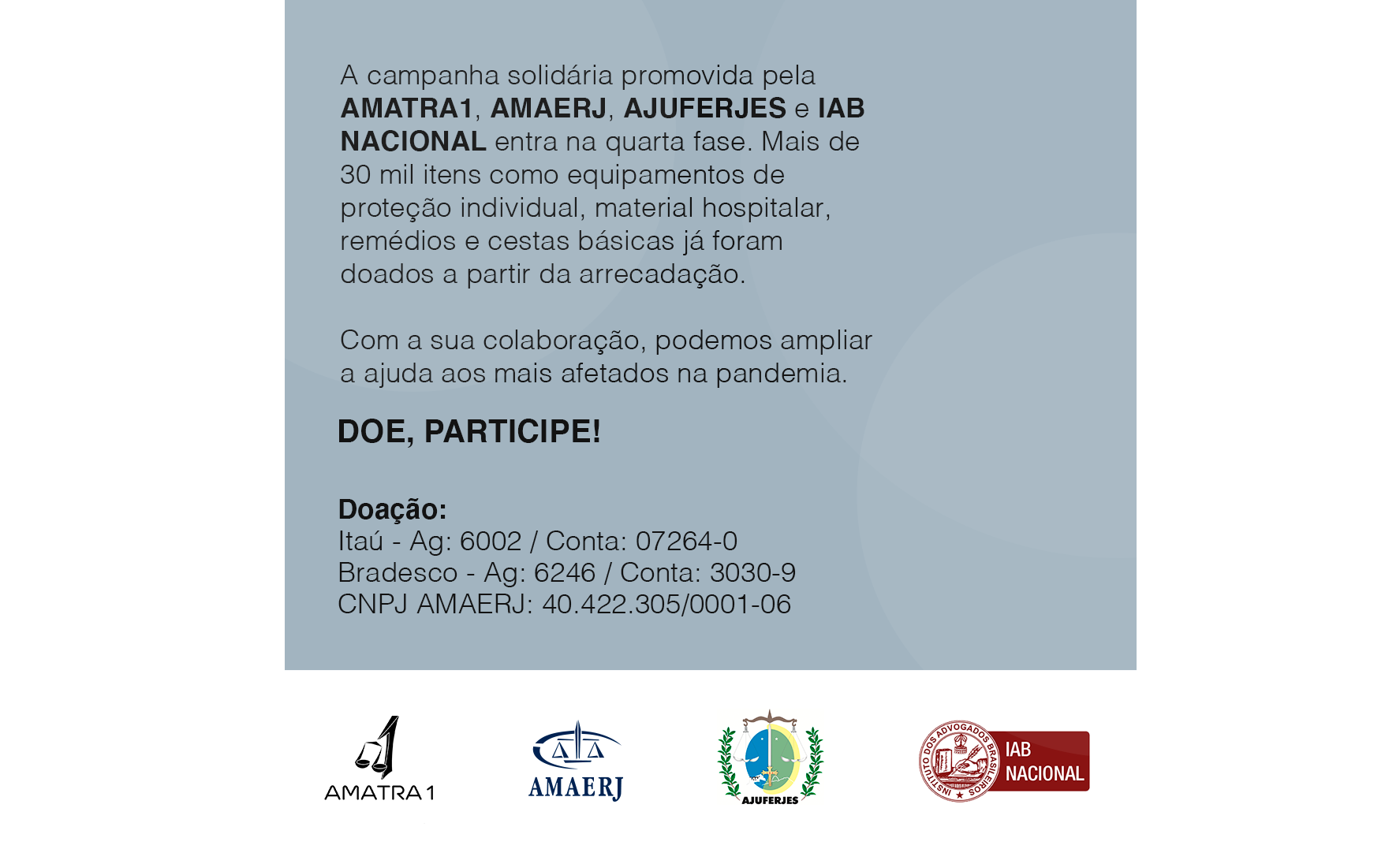 Participe da campanha solidária da AMATRA1, AMAERJ, Ajuferjes e IAB