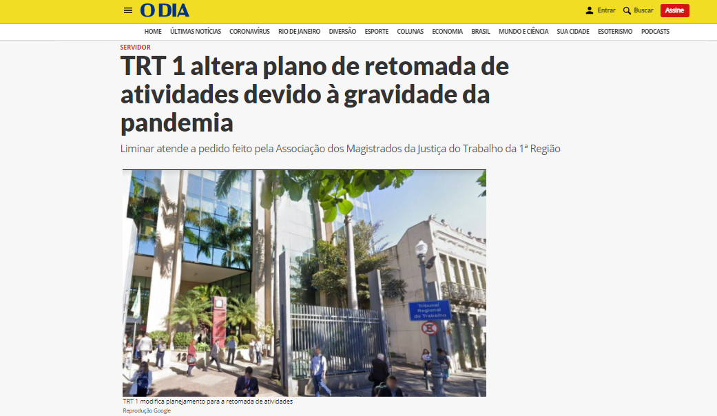 Imprensa destaca atuação da AMATRA1 sobre retorno de atividades no TRT-1