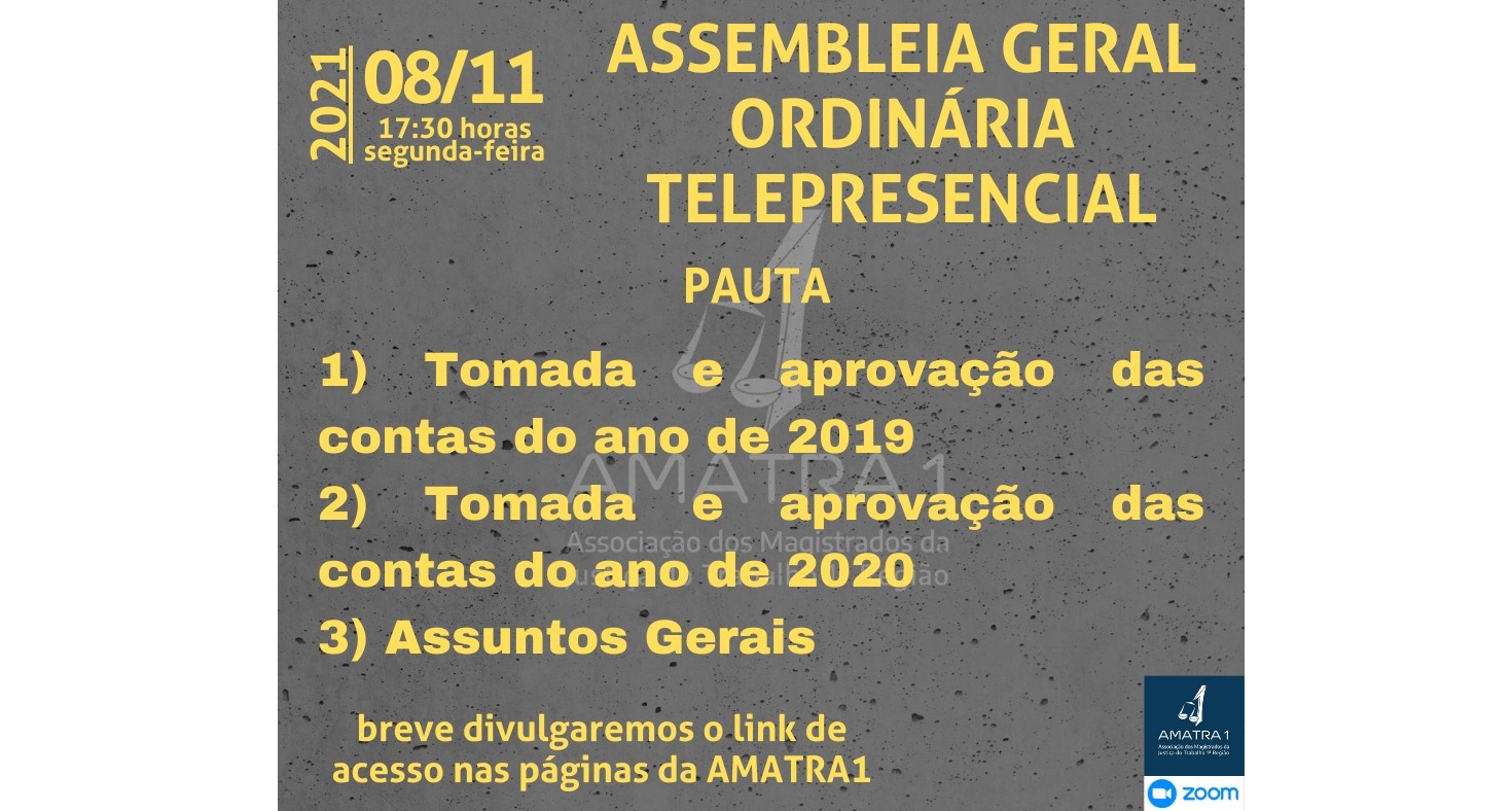 AMATRA1 convoca associados para Assembleia Ordinária, na segunda (8)