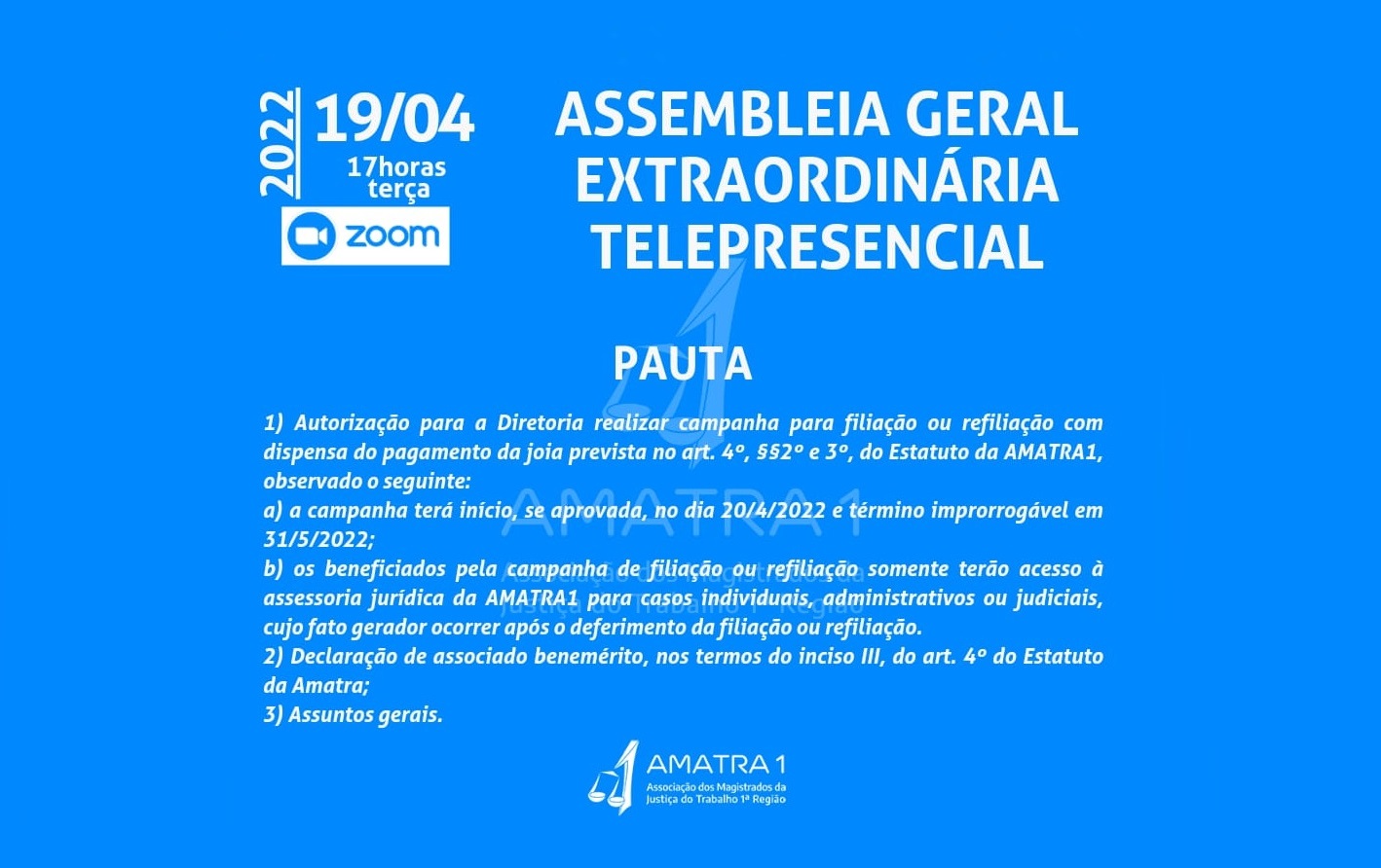AMATRA1 convoca associados para Assembleia Extraordinária, dia 19
